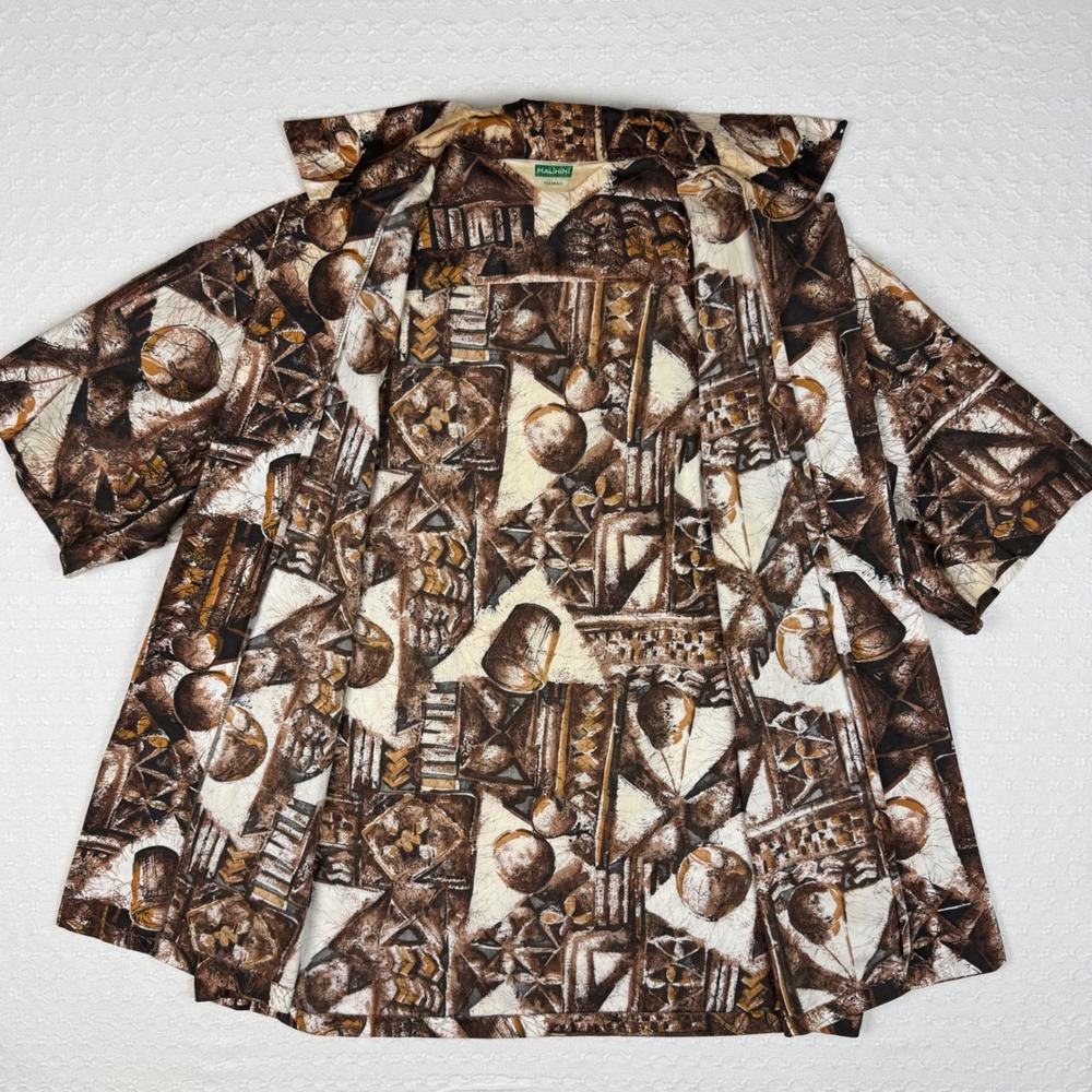 Vintage Malihini Hawaii Aloha Shirt Abstract Polynesian Tribal Brown 60s 70s - Picture 6 of 9